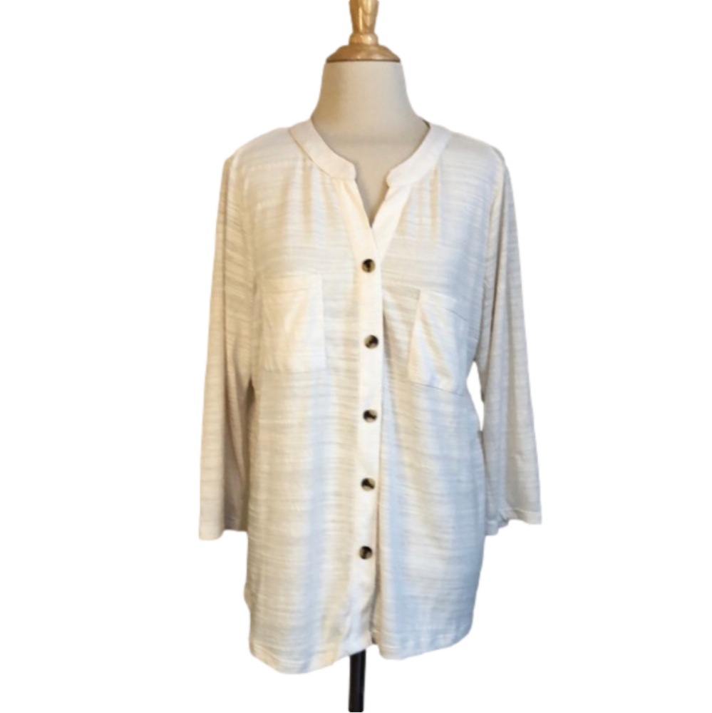 KATE PARK Cream Colored Button Up Knit‎ 3/4 Sleeve Henley Top
